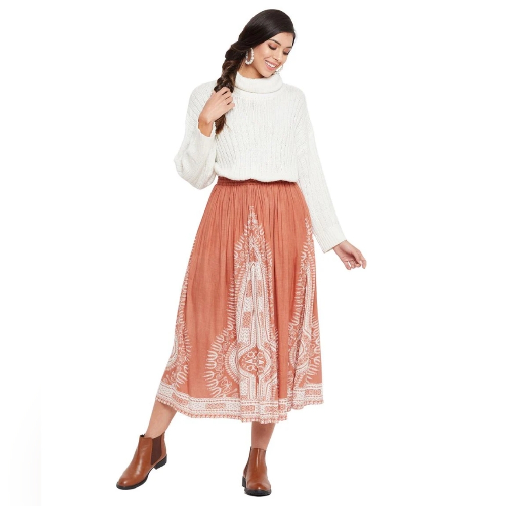 Women Rayon A-Line Elastic Casual High Waist Drawstring Boho Gypsy Midi Skirt